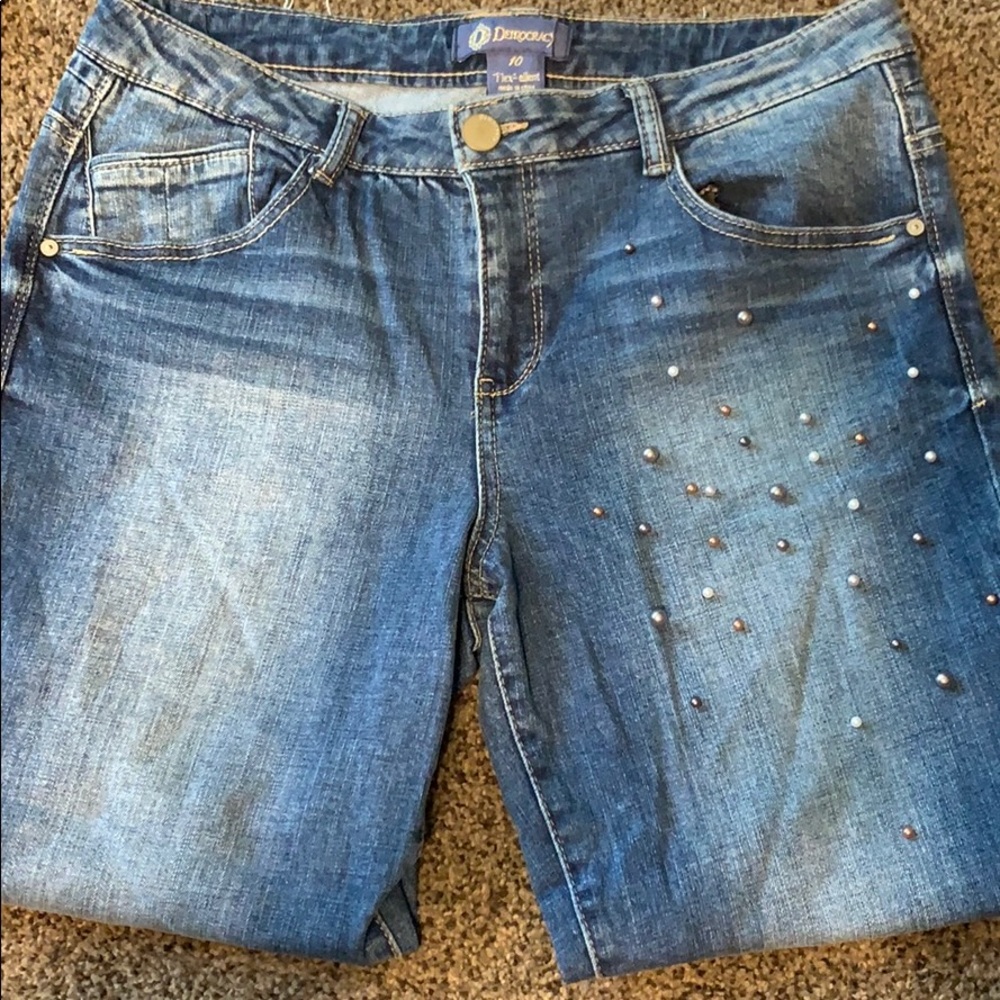 Democracy crop pearl embellished jeans